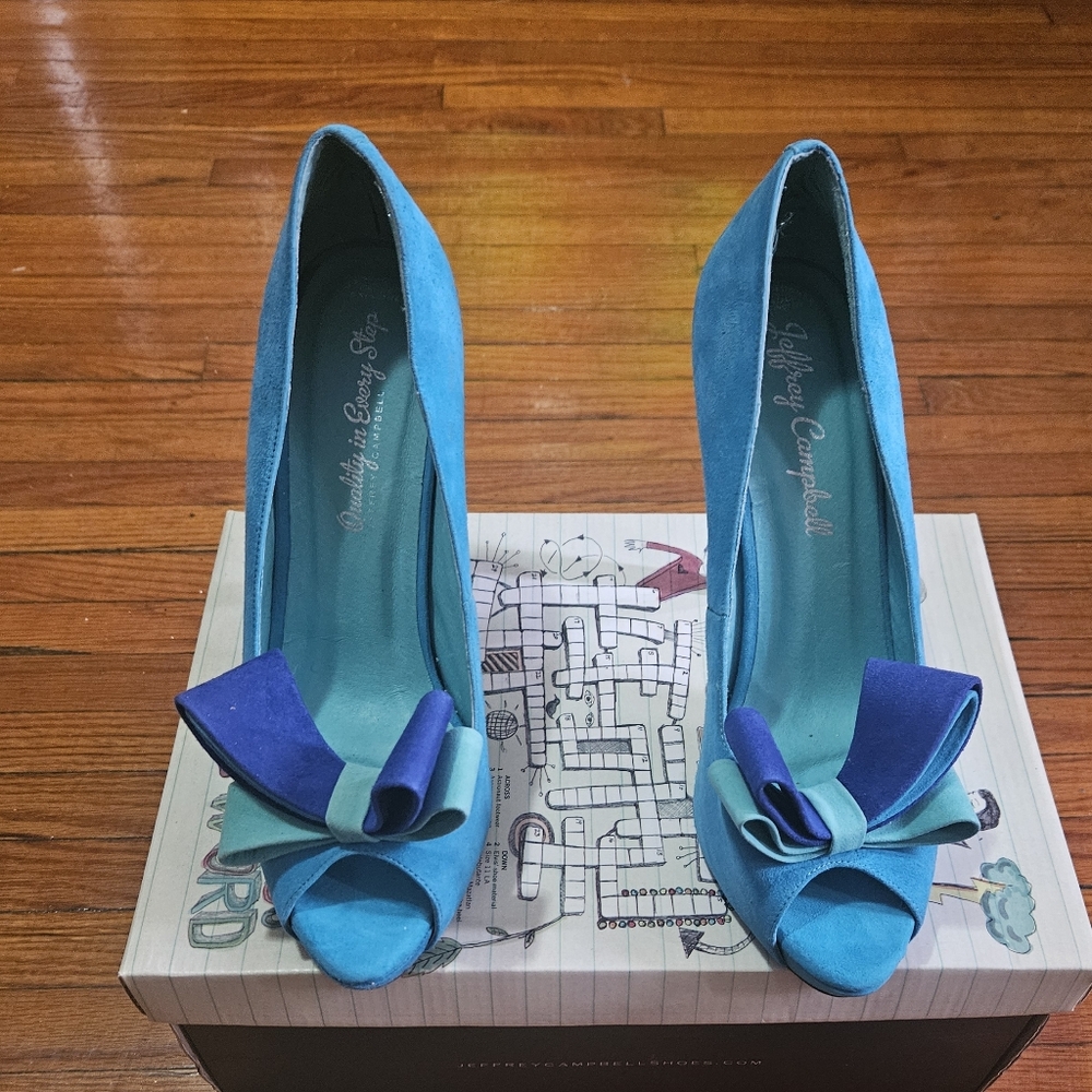 Jeffrey Campbell Aqua And Blue Peep Toe Heels with Bow Accent - Size 10